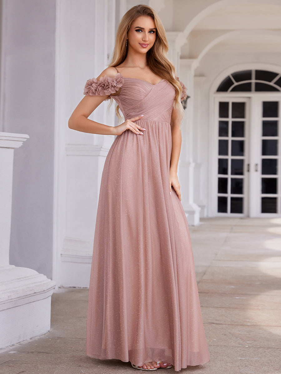 Color=Pink | One Stop Shop Glitter V-Neck Sleeveless A-Line Floor Length Evening Dresses-Pink 4