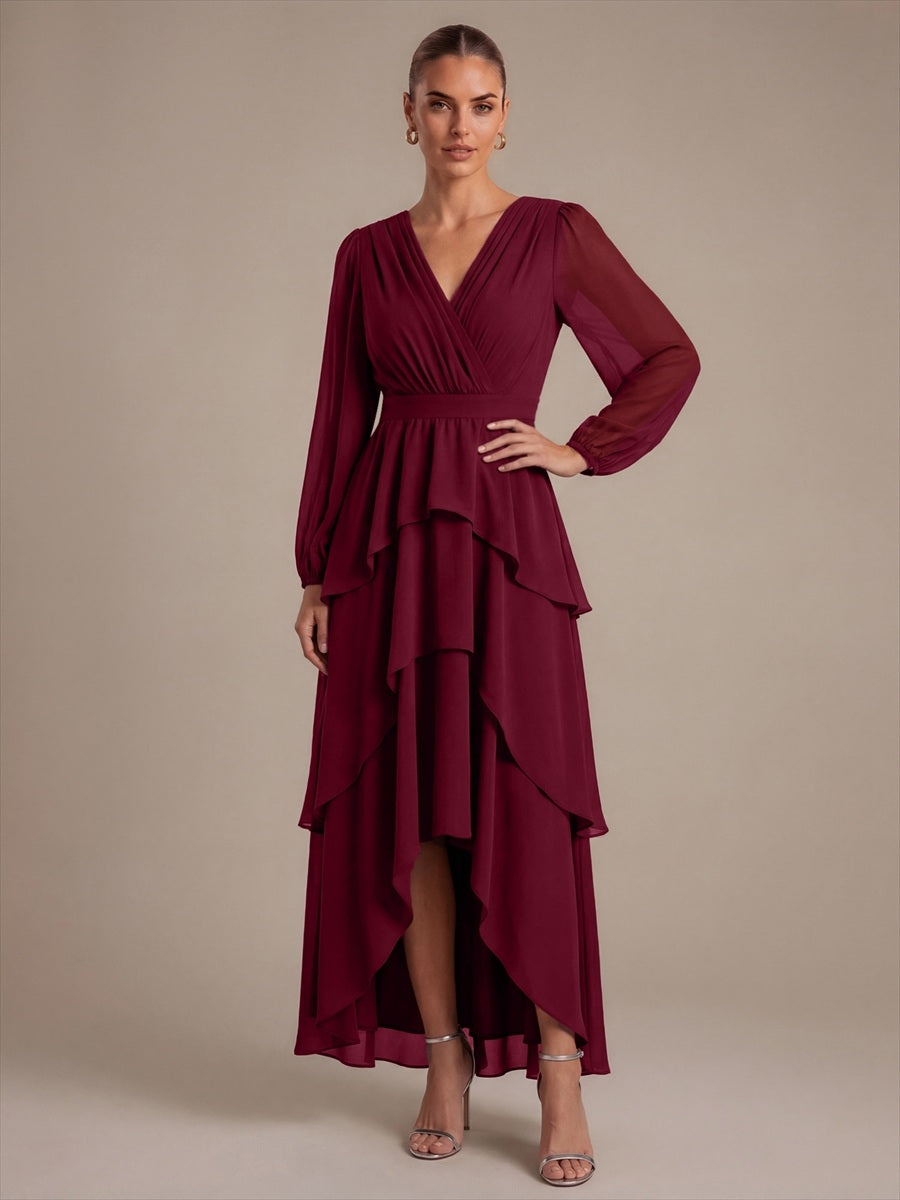 Color=Burgundy|Bulk Order Long Sleeve Chiffon A-Line Crossover Wedding Guest Dresses-Burgundy