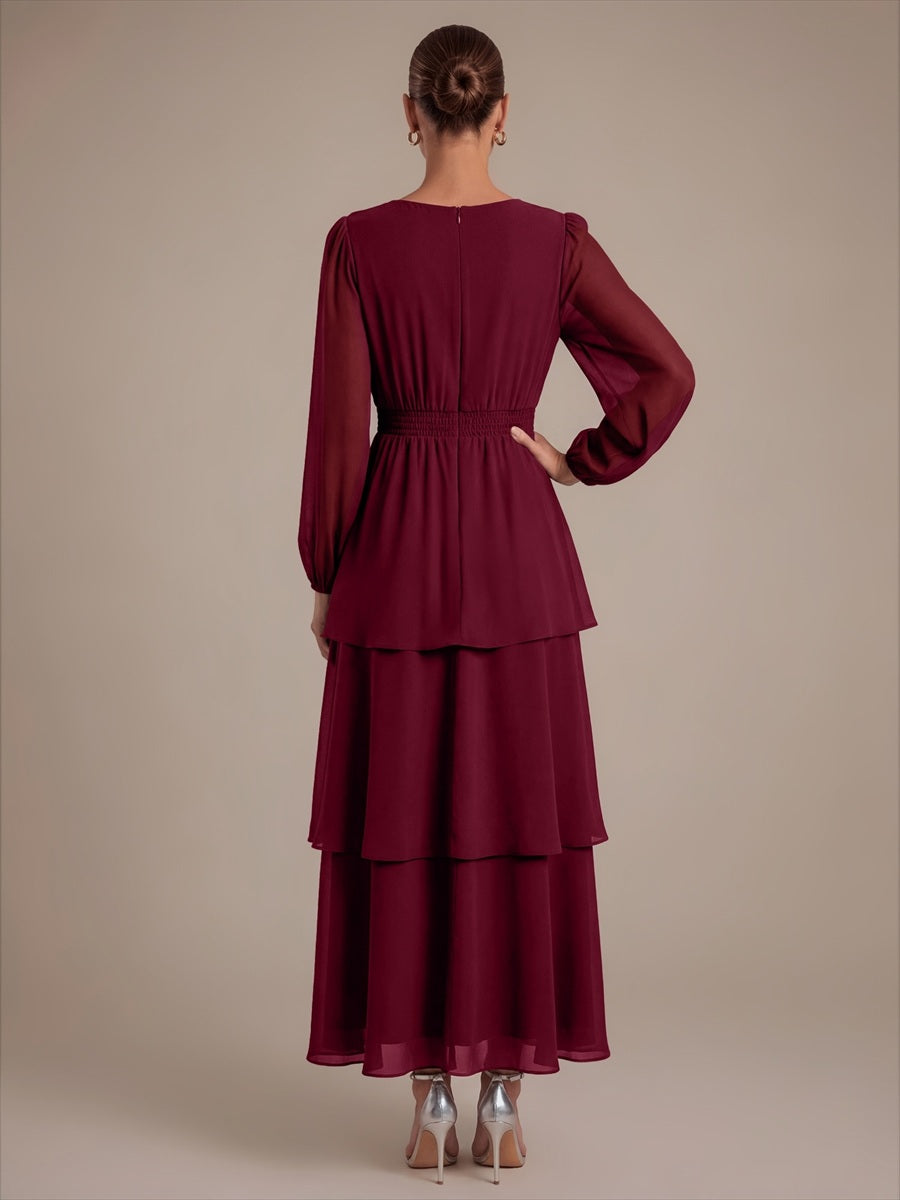 Color=Burgundy|Bulk Order Long Sleeve Chiffon A-Line Crossover Wedding Guest Dresses-Burgundy 2