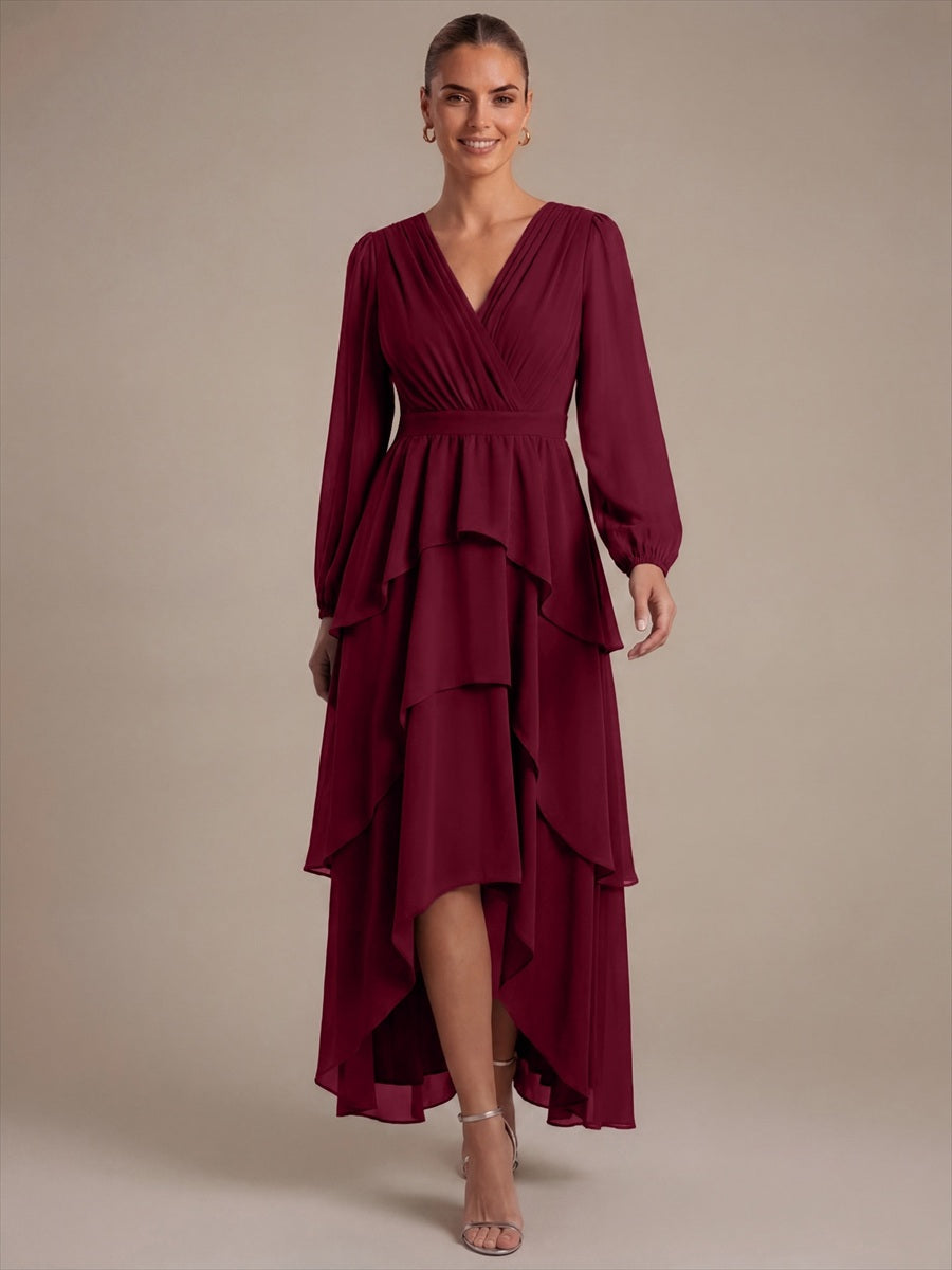 Color=Burgundy|Bulk Order Long Sleeve Chiffon A-Line Crossover Wedding Guest Dresses-Burgundy 4