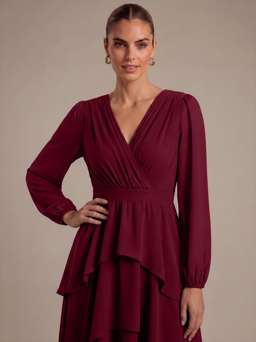 Color=Burgundy|Bulk Order Long Sleeve Chiffon A-Line Crossover Wedding Guest Dresses-Burgundy 5