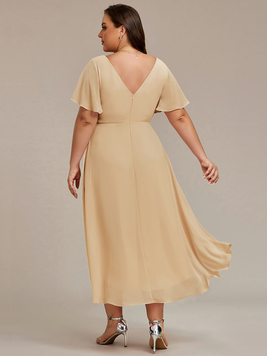 Color=Champagne | Fast Delivery Short Sleeve Ruffle V-Neck Pleated A-Line High-Low Wedding Guest Dresses-Champagne 7
