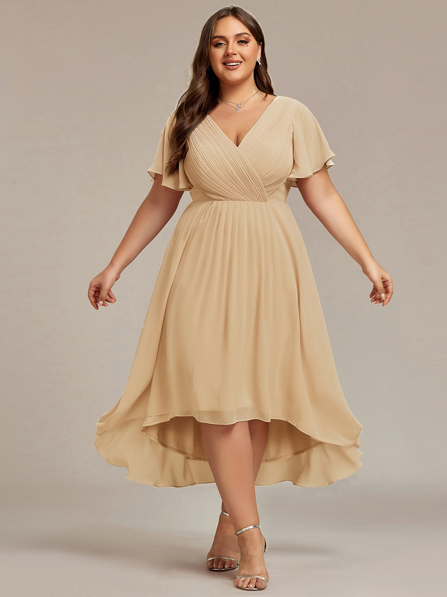 Color=Champagne | Fast Delivery Short Sleeve Ruffle V-Neck Pleated A-Line High-Low Wedding Guest Dresses-Champagne 10