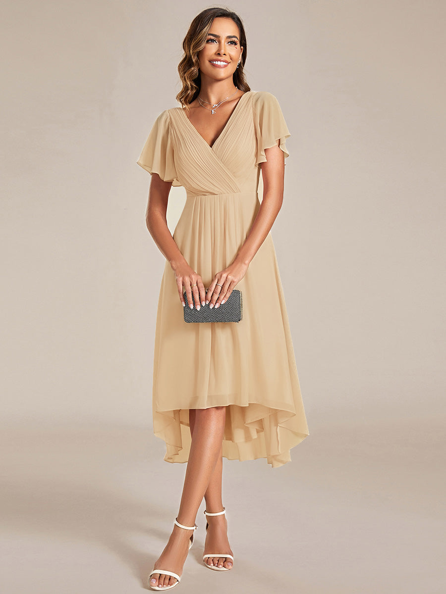 Color=Champagne | Fast Delivery Short Sleeve Ruffle V-Neck Pleated A-Line High-Low Wedding Guest Dresses-Champagne 1