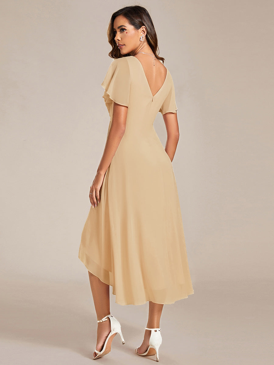 Color=Champagne | Fast Delivery Short Sleeve Ruffle V-Neck Pleated A-Line High-Low Wedding Guest Dresses-Champagne 2