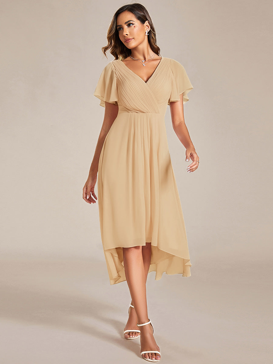Color=Champagne | Fast Delivery Short Sleeve Ruffle V-Neck Pleated A-Line High-Low Wedding Guest Dresses-Champagne 5