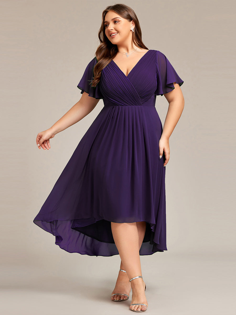 Color=Dark Purple | Wholesale Short Sleeve Ruffle V-Neck Pleated A-Line High-Low Wedding Guest Dresses-Dark Purple 1