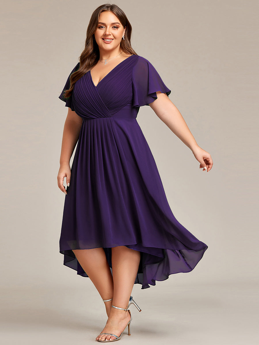 Color=Dark Purple | Wholesale Short Sleeve Ruffle V-Neck Pleated A-Line High-Low Wedding Guest Dresses-Dark Purple 4
