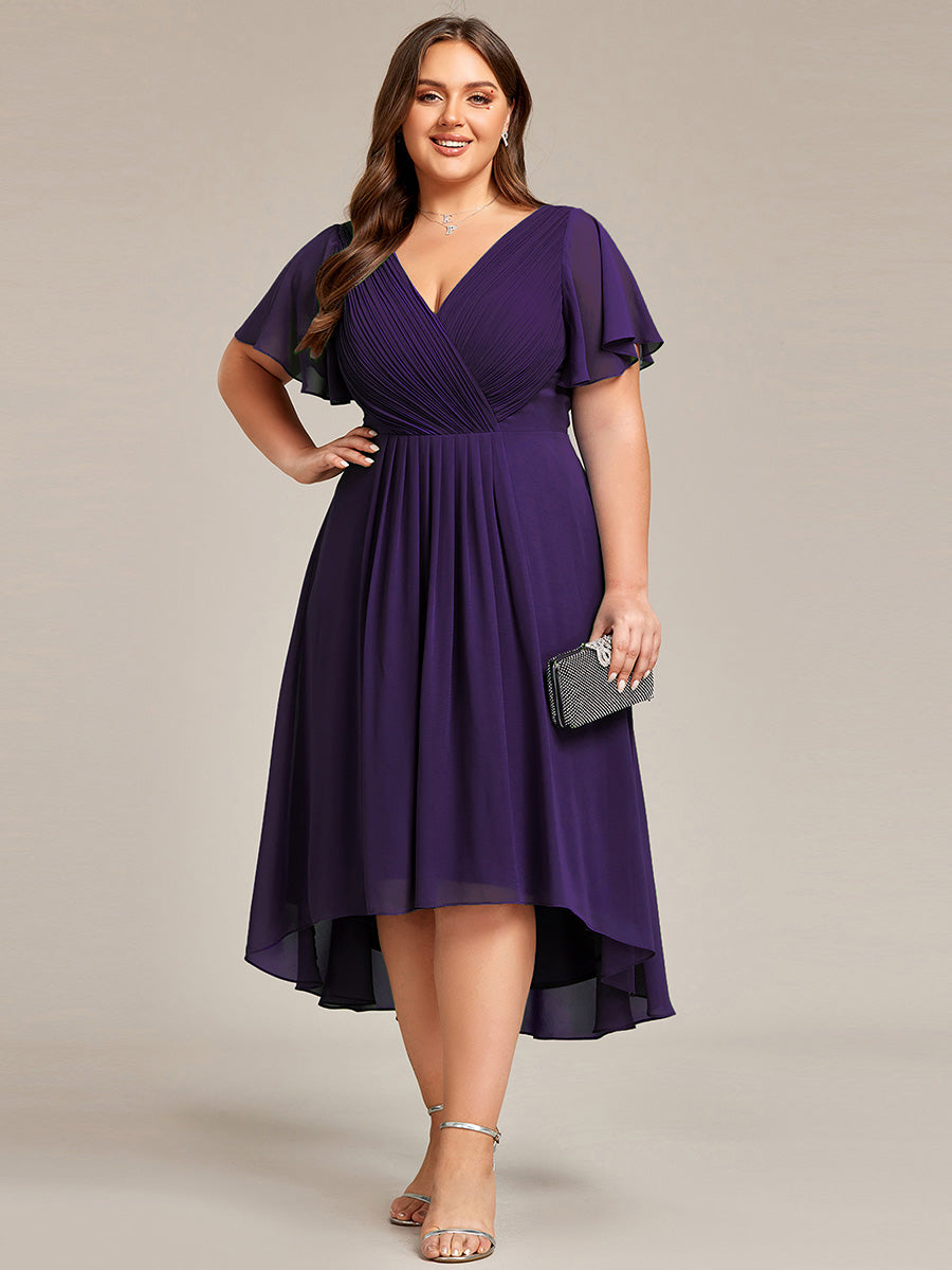 Color=Dark Purple | Wholesale Short Sleeve Ruffle V-Neck Pleated A-Line High-Low Wedding Guest Dresses-Dark Purple 5