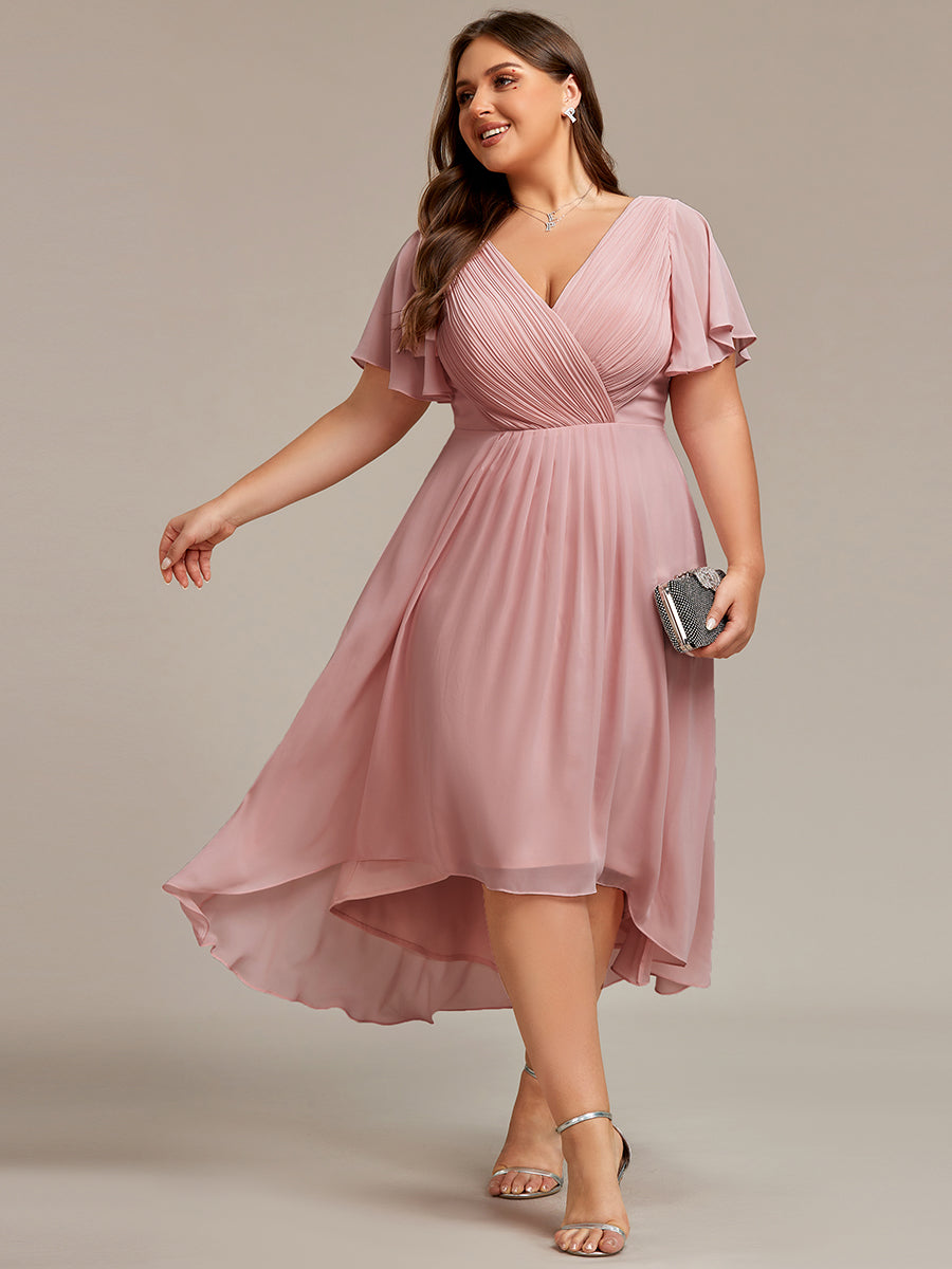 Color=Dusty Rose | Wholesale Short Sleeve Ruffle V-Neck Pleated A-Line High-Low Wedding Guest Dresses-Dusty Rose 11