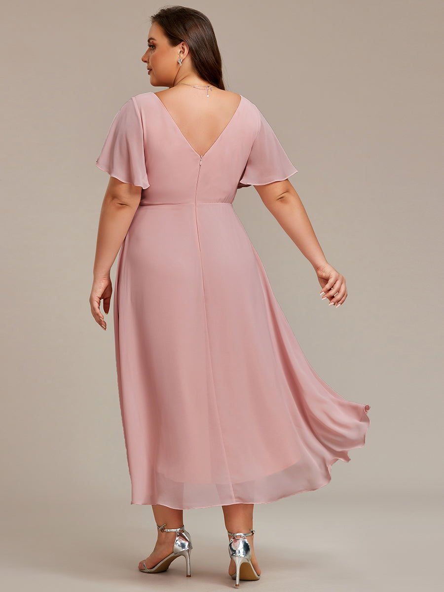 Color=Dusty Rose | Wholesale Short Sleeve Ruffle V-Neck Pleated A-Line High-Low Wedding Guest Dresses-Dusty Rose 12