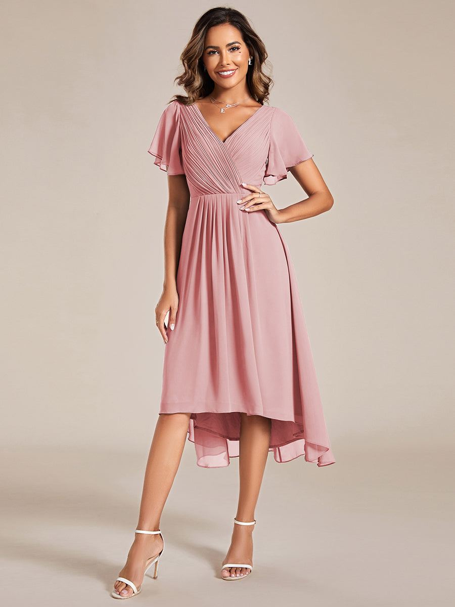 Color=Dusty Rose | Wholesale Short Sleeve Ruffle V-Neck Pleated A-Line High-Low Wedding Guest Dresses-Dusty Rose 6