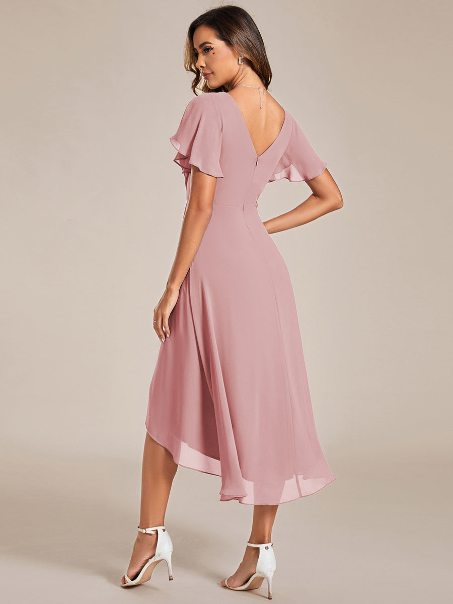 Color=Dusty Rose | Wholesale Short Sleeve Ruffle V-Neck Pleated A-Line High-Low Wedding Guest Dresses-Dusty Rose 7