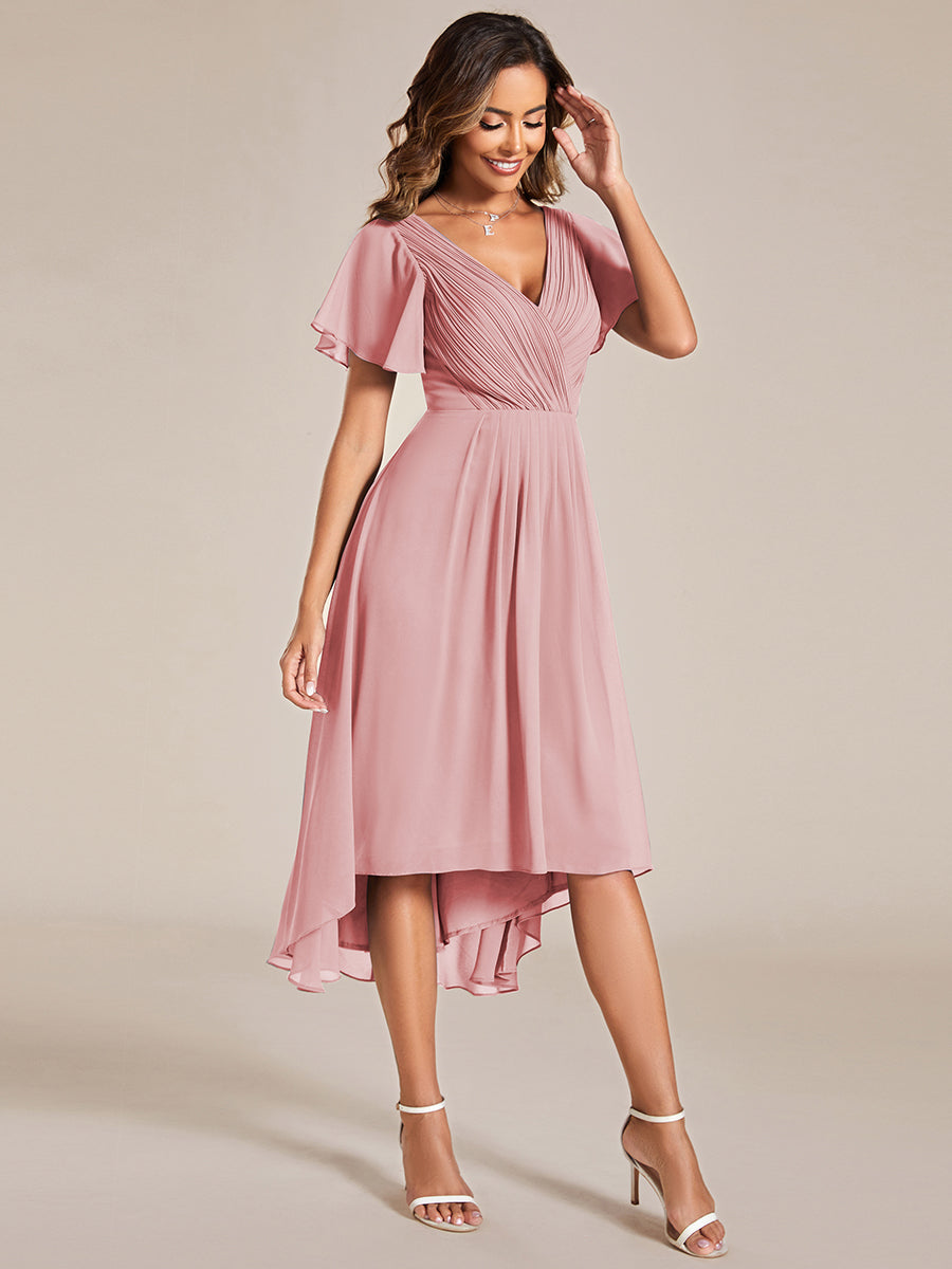 Color=Dusty Rose | Wholesale Short Sleeve Ruffle V-Neck Pleated A-Line High-Low Wedding Guest Dresses-Dusty Rose 9