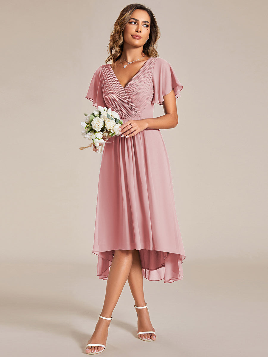 Color=Dusty Rose | Wholesale Short Sleeve Ruffle V-Neck Pleated A-Line High-Low Wedding Guest Dresses-Dusty Rose 10