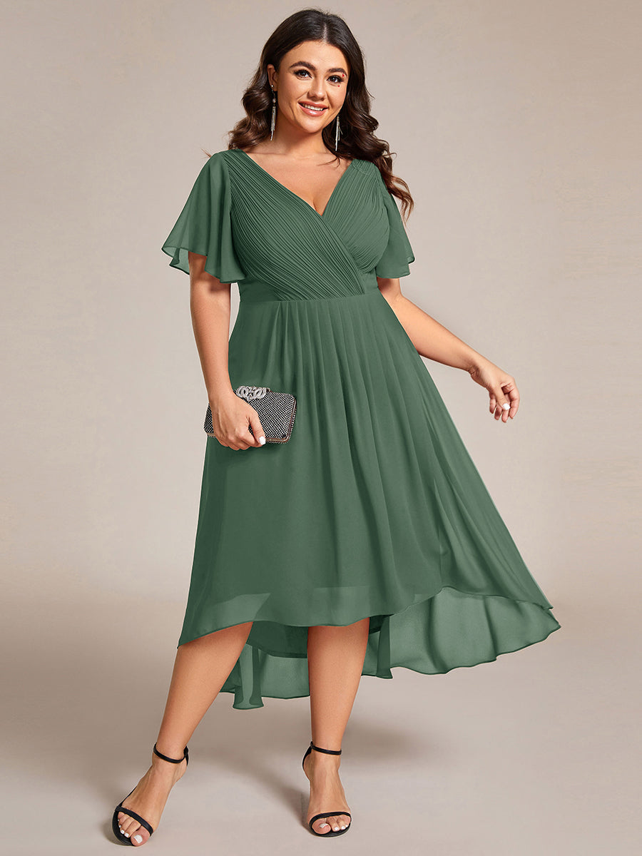 Color=Eucalyptus | Fast Delivery Short Sleeve Ruffle V-Neck Pleated A-Line High-Low Wedding Guest Dresses-Eucalyptus 16