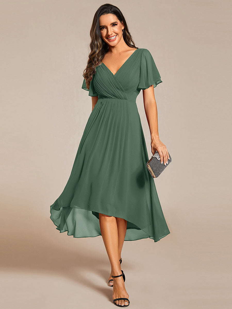 Color=Eucalyptus | Fast Delivery Short Sleeve Ruffle V-Neck Pleated A-Line High-Low Wedding Guest Dresses-Eucalyptus 11