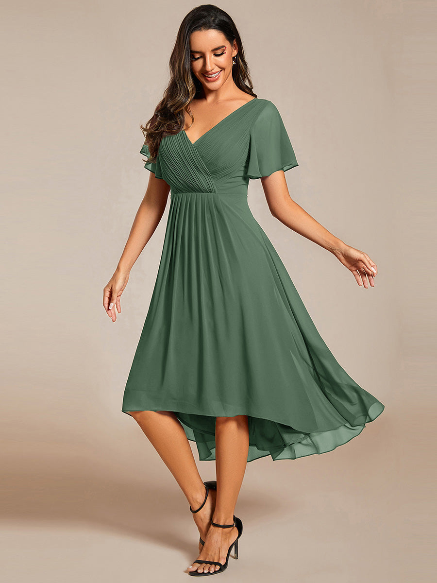 Color=Eucalyptus | Fast Delivery Short Sleeve Ruffle V-Neck Pleated A-Line High-Low Wedding Guest Dresses-Eucalyptus 14