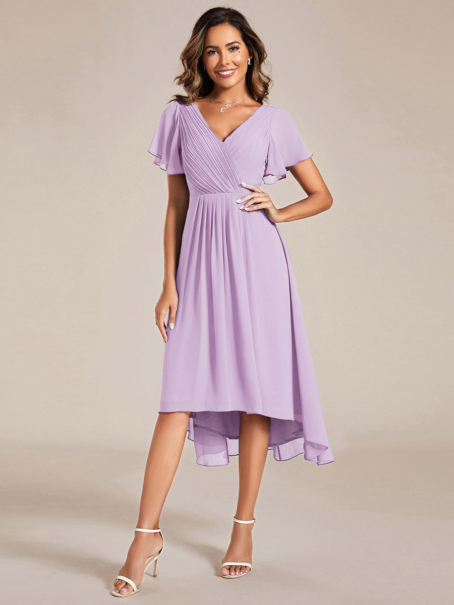Color=Frosted Lilac | Industrial Use Short Sleeve Ruffle V-Neck Pleated A-Line High-Low Wedding Guest Dresses-Frosted Lilac 1
