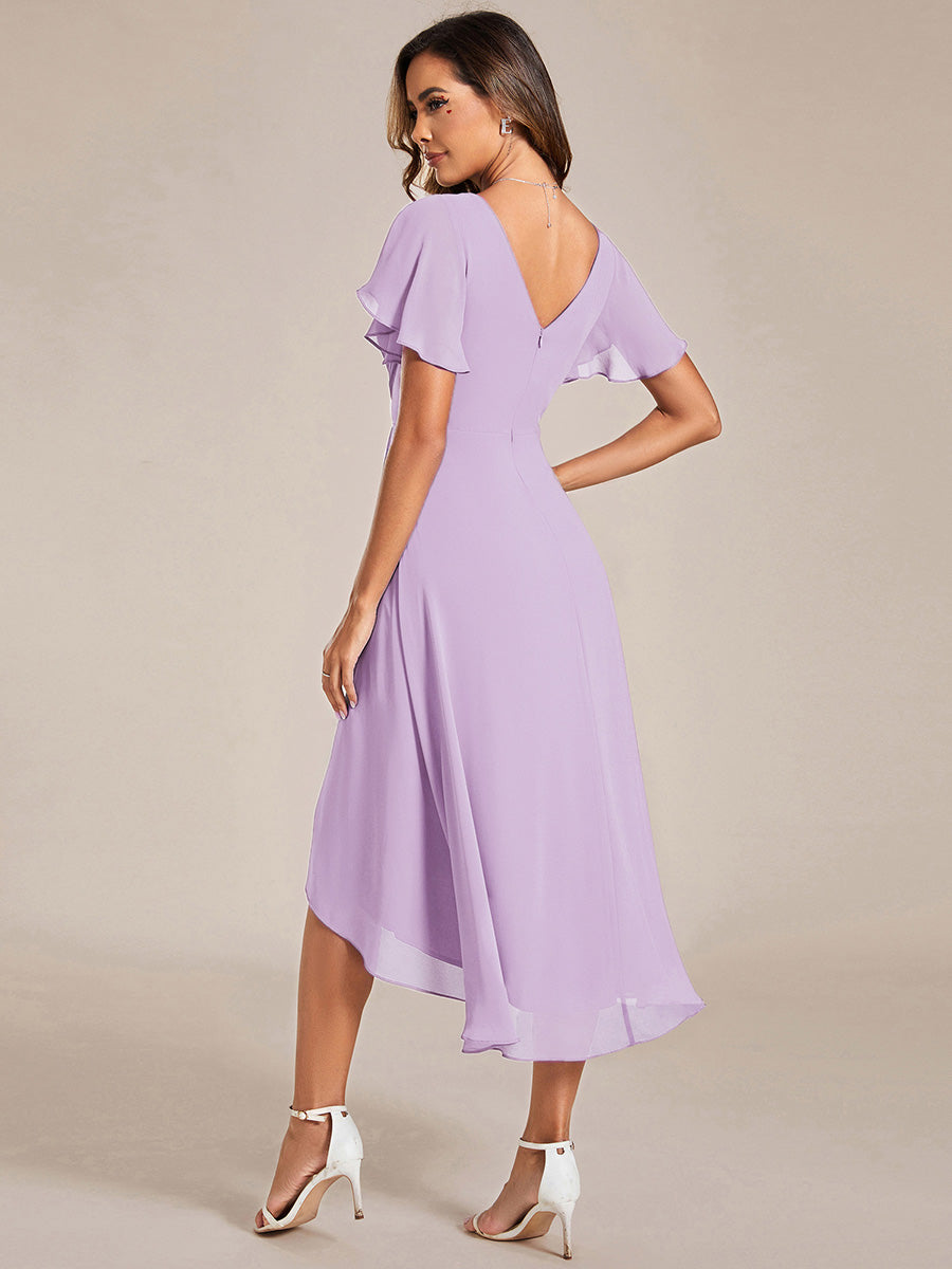 Color=Frosted Lilac | Industrial Use Short Sleeve Ruffle V-Neck Pleated A-Line High-Low Wedding Guest Dresses-Frosted Lilac 2