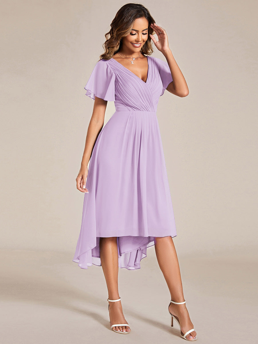 Color=Frosted Lilac | Industrial Use Short Sleeve Ruffle V-Neck Pleated A-Line High-Low Wedding Guest Dresses-Frosted Lilac 4