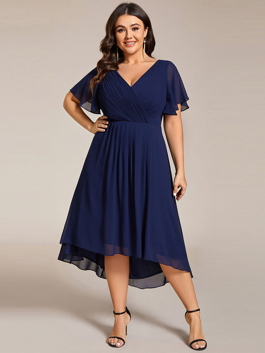 Color=Navy Blue | Fast Delivery Short Sleeve Ruffle V-Neck Pleated A-Line High-Low Wedding Guest Dresses-Navy Blue 21