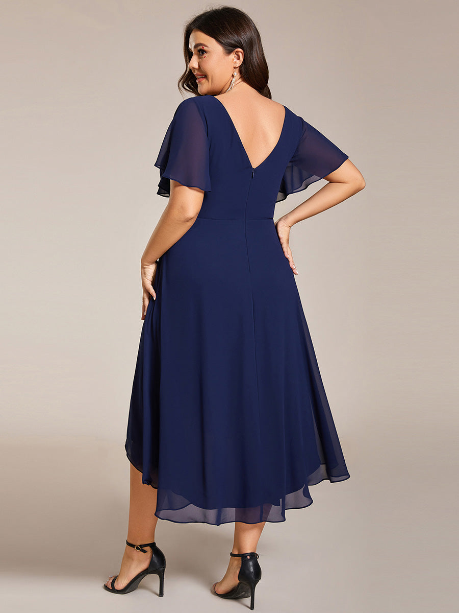 Color=Navy Blue | Fast Delivery Short Sleeve Ruffle V-Neck Pleated A-Line High-Low Wedding Guest Dresses-Navy Blue 22