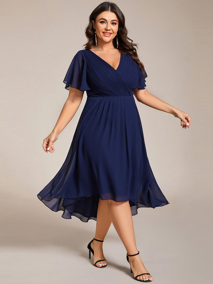 Color=Navy Blue | Fast Delivery Short Sleeve Ruffle V-Neck Pleated A-Line High-Low Wedding Guest Dresses-Navy Blue 24
