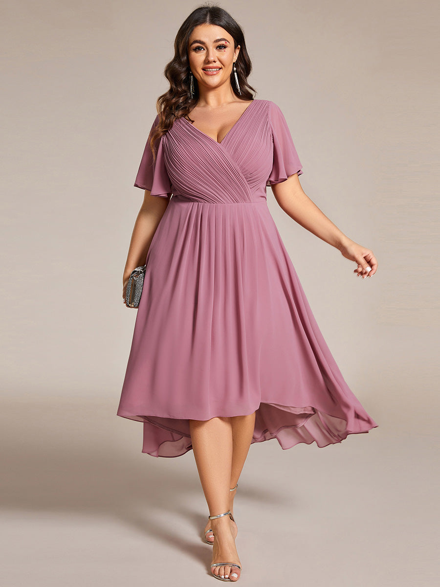 Color=Purple Orchid | Fast Delivery Short Sleeve Ruffle V-Neck Pleated A-Line High-Low Wedding Guest Dresses-Purple Orchid 26