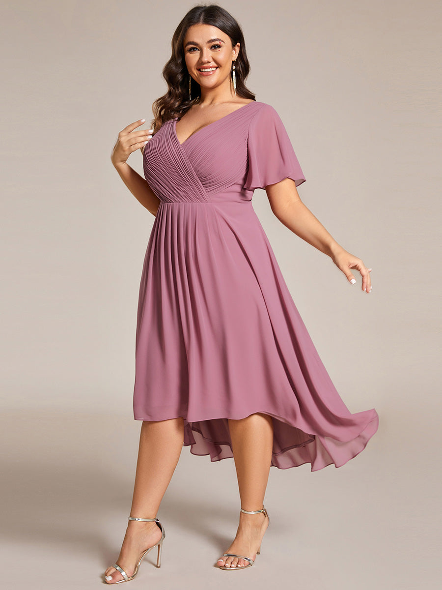 Color=Purple Orchid | Fast Delivery Short Sleeve Ruffle V-Neck Pleated A-Line High-Low Wedding Guest Dresses-Purple Orchid 28
