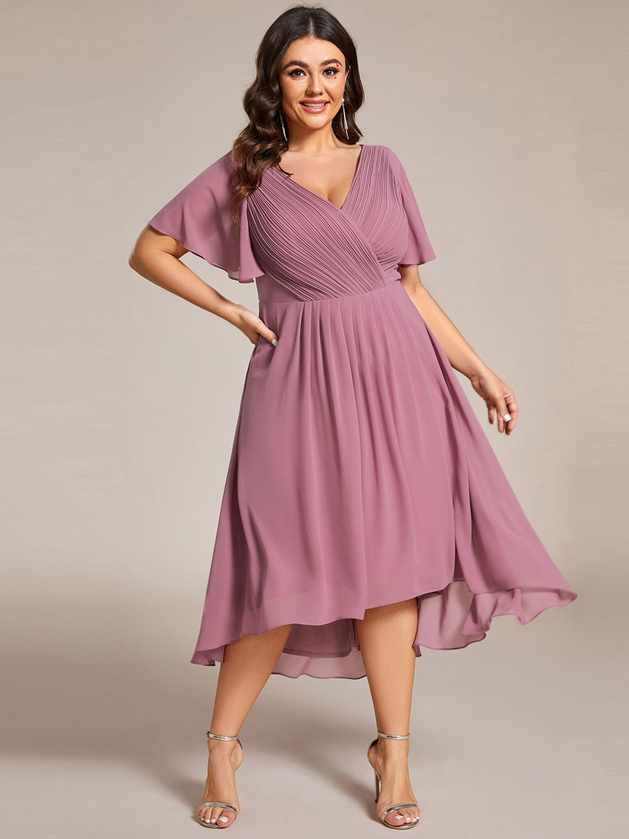 Color=Purple Orchid | Fast Delivery Short Sleeve Ruffle V-Neck Pleated A-Line High-Low Wedding Guest Dresses-Purple Orchid 29