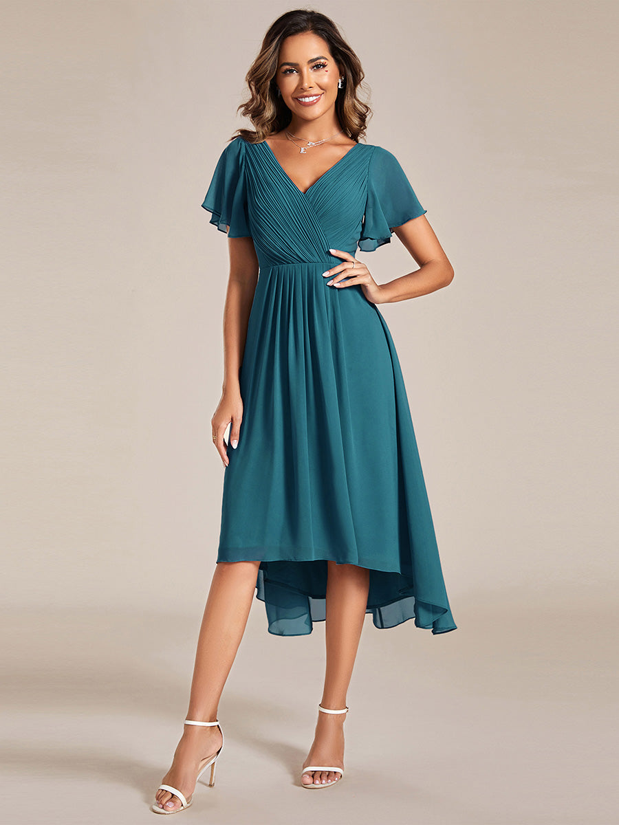 Color=Teal | B2B-Exclusive Short Sleeve Ruffle V-Neck Pleated A-Line High-Low Wedding Guest Dresses-Teal 1