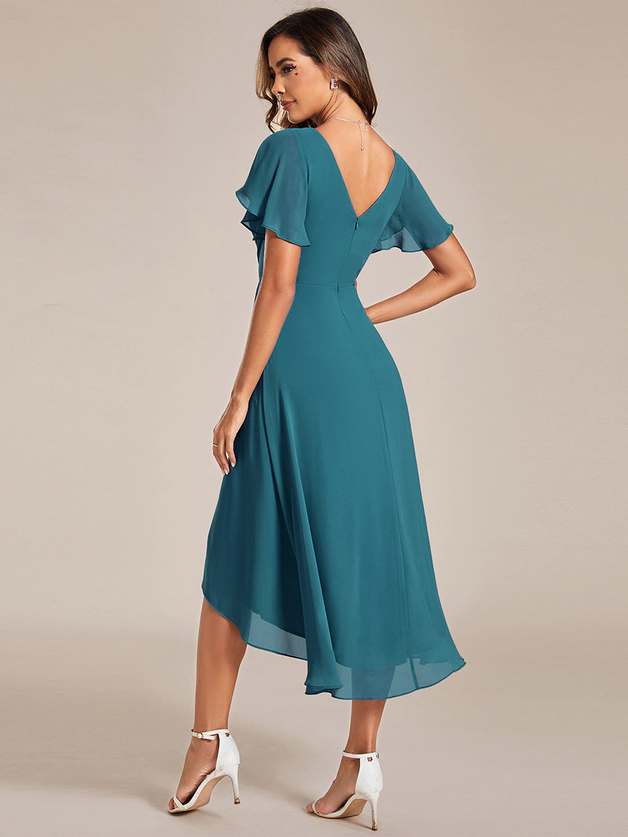 Color=Teal | B2B-Exclusive Short Sleeve Ruffle V-Neck Pleated A-Line High-Low Wedding Guest Dresses-Teal 2