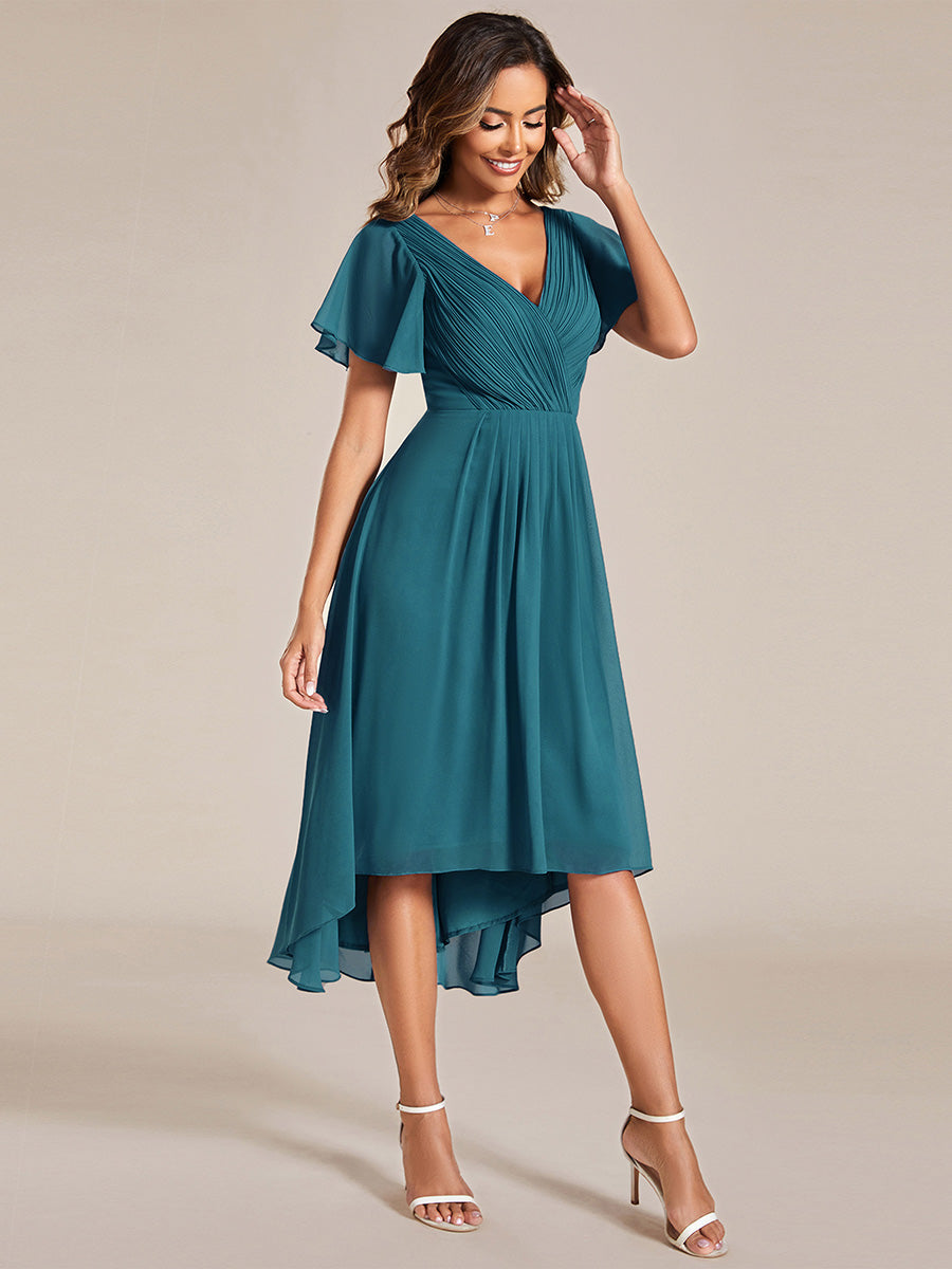 Color=Teal | B2B-Exclusive Short Sleeve Ruffle V-Neck Pleated A-Line High-Low Wedding Guest Dresses-Teal 4