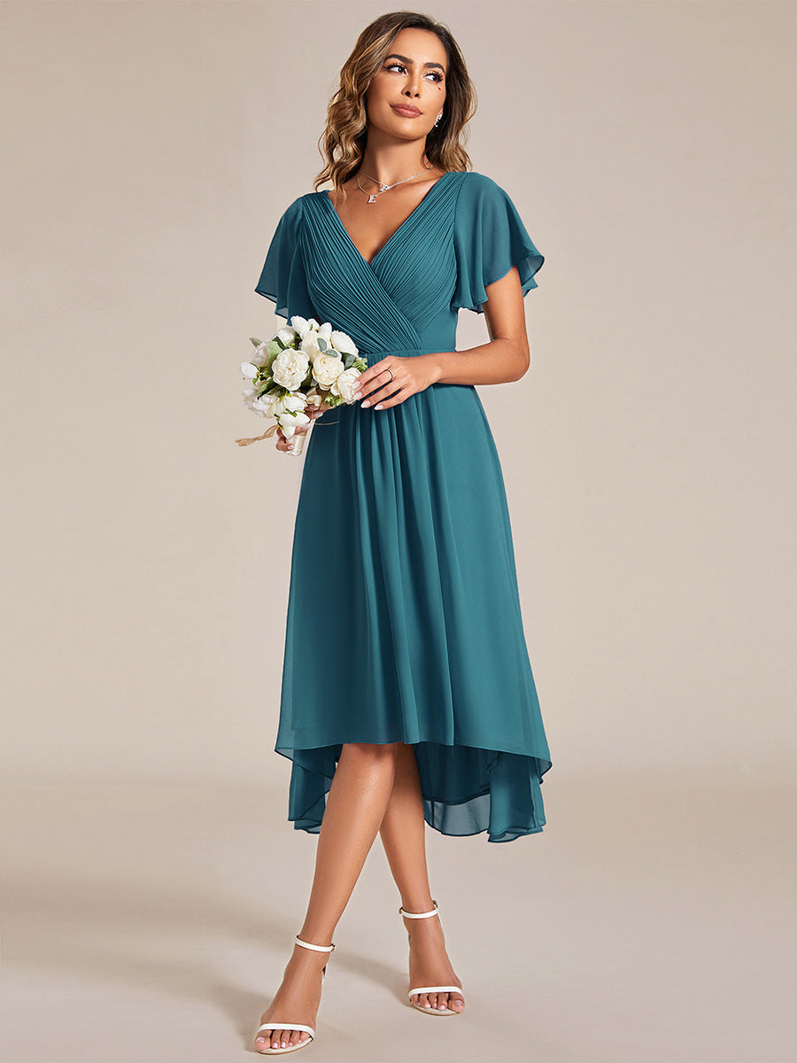 Color=Teal | B2B-Exclusive Short Sleeve Ruffle V-Neck Pleated A-Line High-Low Wedding Guest Dresses-Teal 5