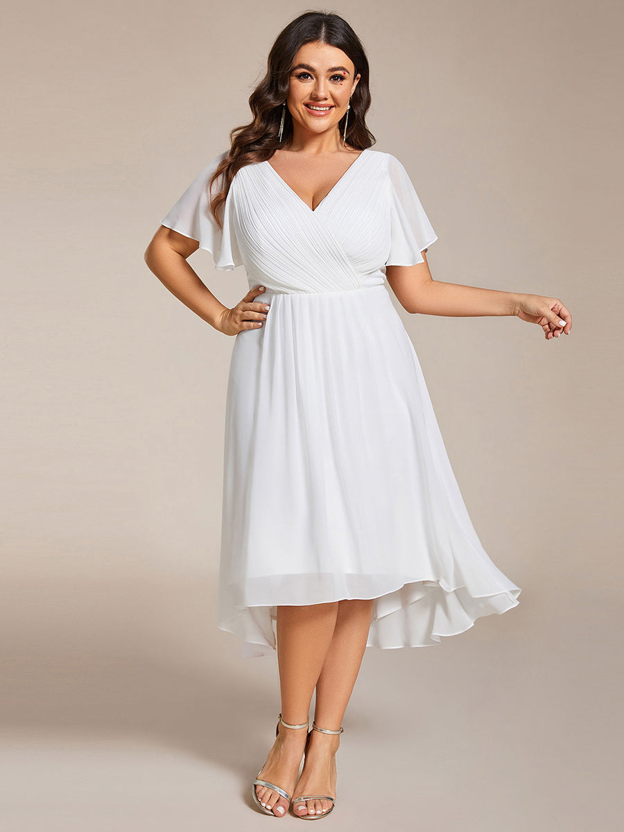 Color=White | B2B-Exclusive Short Sleeve Ruffle V-Neck Pleated A-Line High-Low Wedding Guest Dresses-White 15
