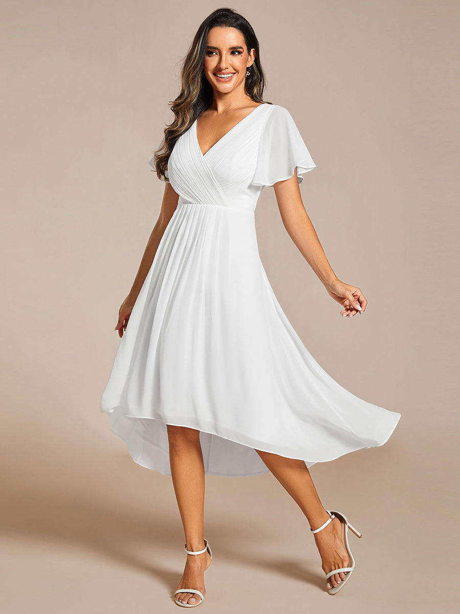 Color=White | B2B-Exclusive Short Sleeve Ruffle V-Neck Pleated A-Line High-Low Wedding Guest Dresses-White 6