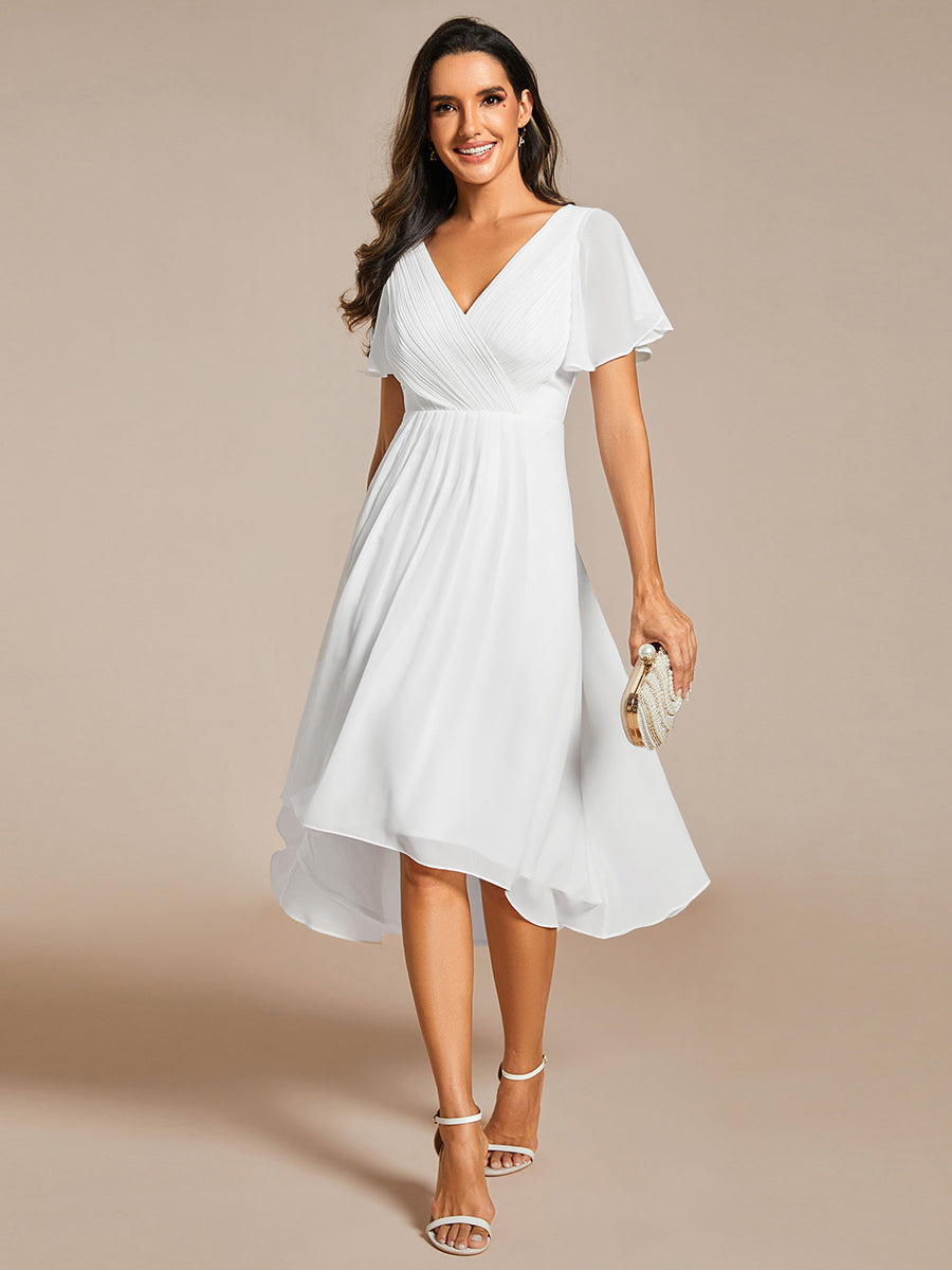 Color=White | B2B-Exclusive Short Sleeve Ruffle V-Neck Pleated A-Line High-Low Wedding Guest Dresses-White 10