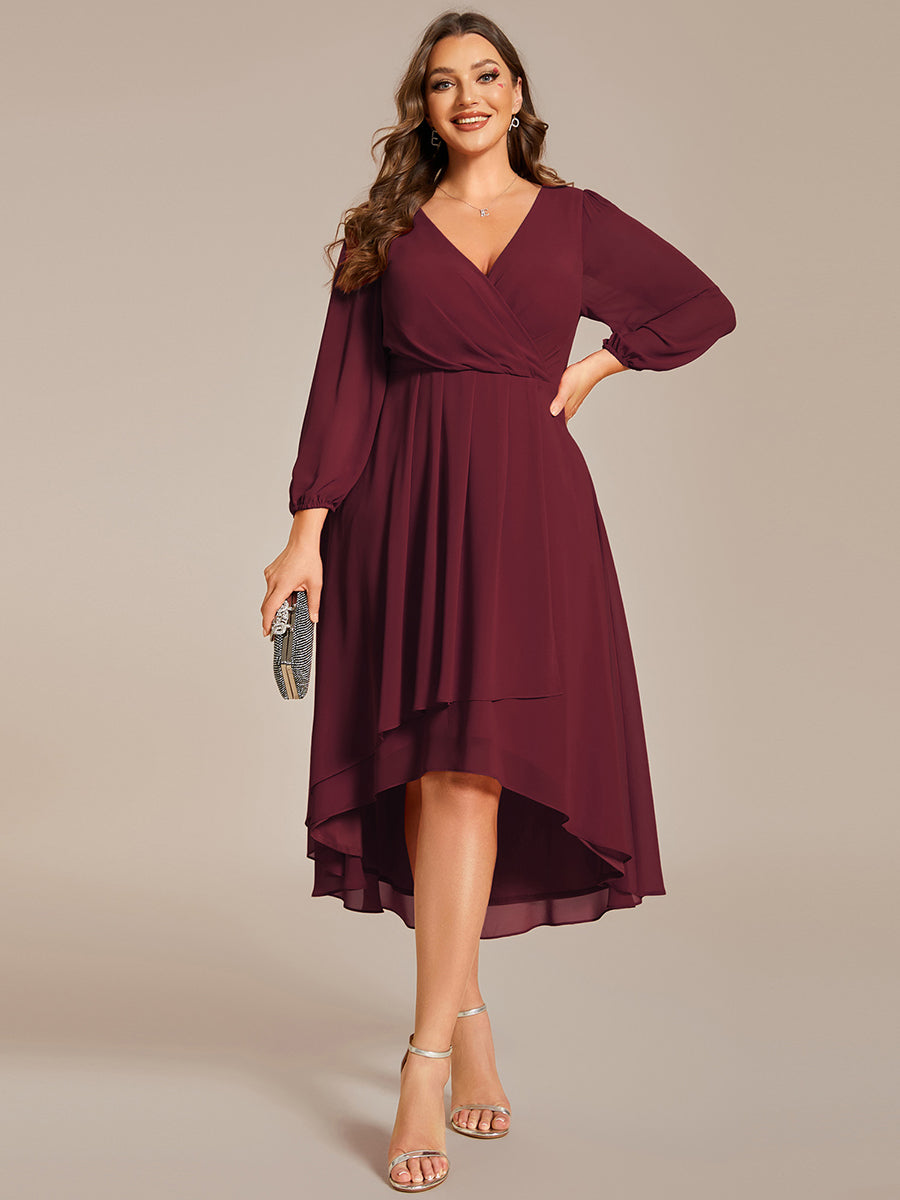 Color=Burgundy | Bulk Order Long Sleeve Asymmetrical Hem Deep V-Neck Non-Stretch Wedding Guest Dresses-Burgundy 6