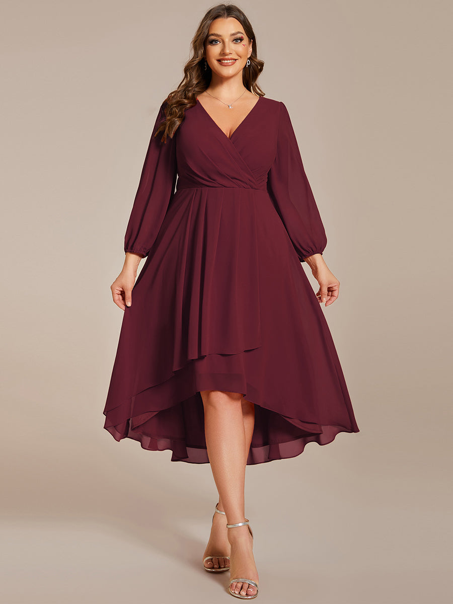 Color=Burgundy | Bulk Order Long Sleeve Asymmetrical Hem Deep V-Neck Non-Stretch Wedding Guest Dresses-Burgundy 10