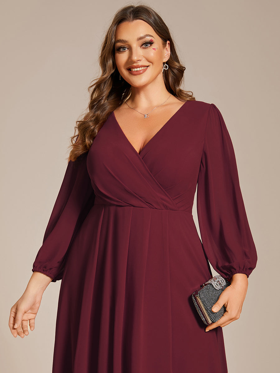 Color=Burgundy | Bulk Order Long Sleeve Asymmetrical Hem Deep V-Neck Non-Stretch Wedding Guest Dresses-Burgundy 8