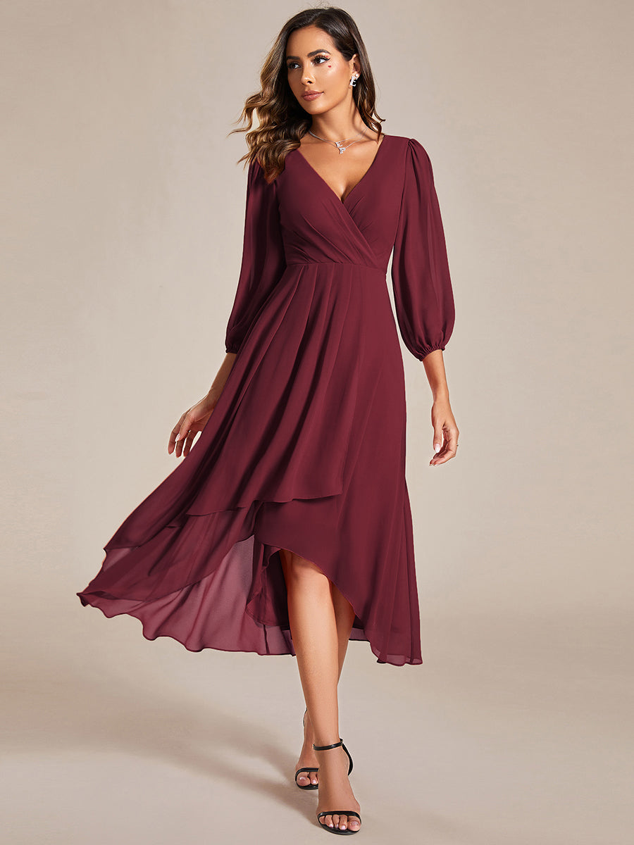 Color=Burgundy | Bulk Order Long Sleeve Asymmetrical Hem Deep V-Neck Non-Stretch Wedding Guest Dresses-Burgundy 1