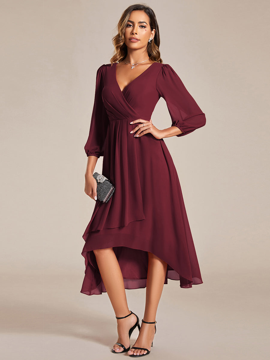 Color=Burgundy | Bulk Order Long Sleeve Asymmetrical Hem Deep V-Neck Non-Stretch Wedding Guest Dresses-Burgundy 4