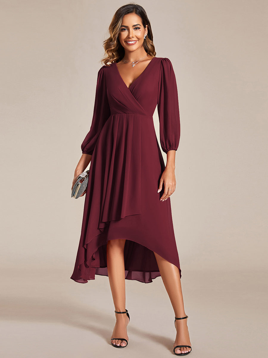 Color=Burgundy | Bulk Order Long Sleeve Asymmetrical Hem Deep V-Neck Non-Stretch Wedding Guest Dresses-Burgundy 5