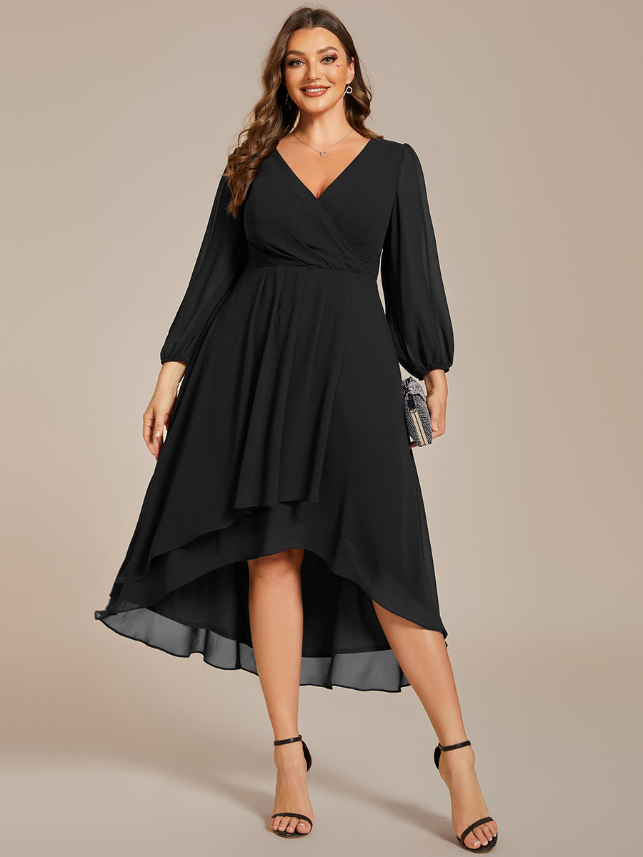 Color=Black | Bulk Order Long Sleeve Asymmetrical Hem Deep V-Neck Non-Stretch Wedding Guest Dresses-Black 16