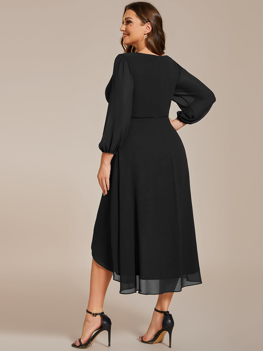 Color=Black | Bulk Order Long Sleeve Asymmetrical Hem Deep V-Neck Non-Stretch Wedding Guest Dresses-Black 17