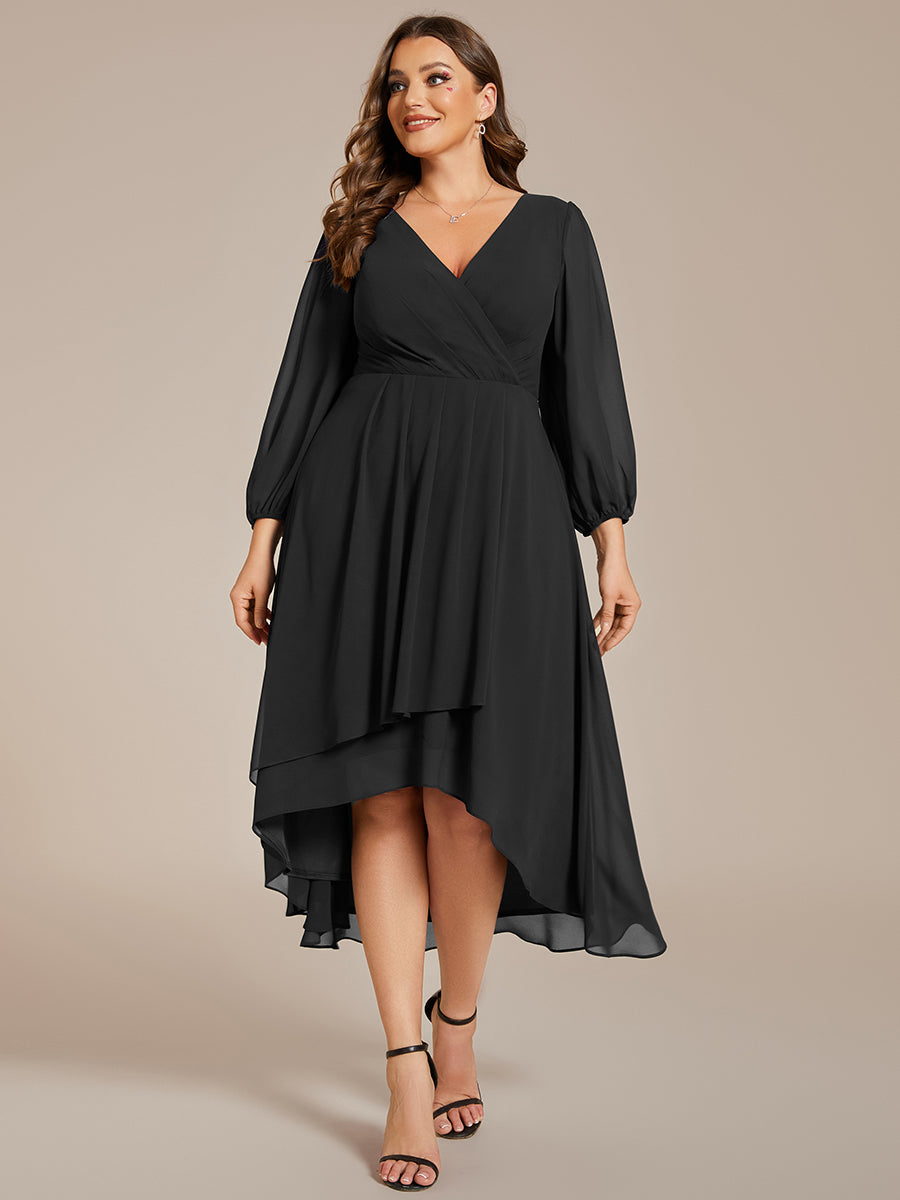 Color=Black | Bulk Order Long Sleeve Asymmetrical Hem Deep V-Neck Non-Stretch Wedding Guest Dresses-Black 20