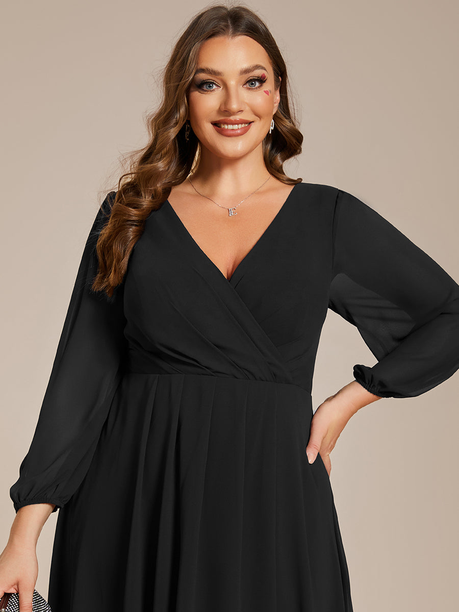 Color=Black | Bulk Order Long Sleeve Asymmetrical Hem Deep V-Neck Non-Stretch Wedding Guest Dresses-Black 18