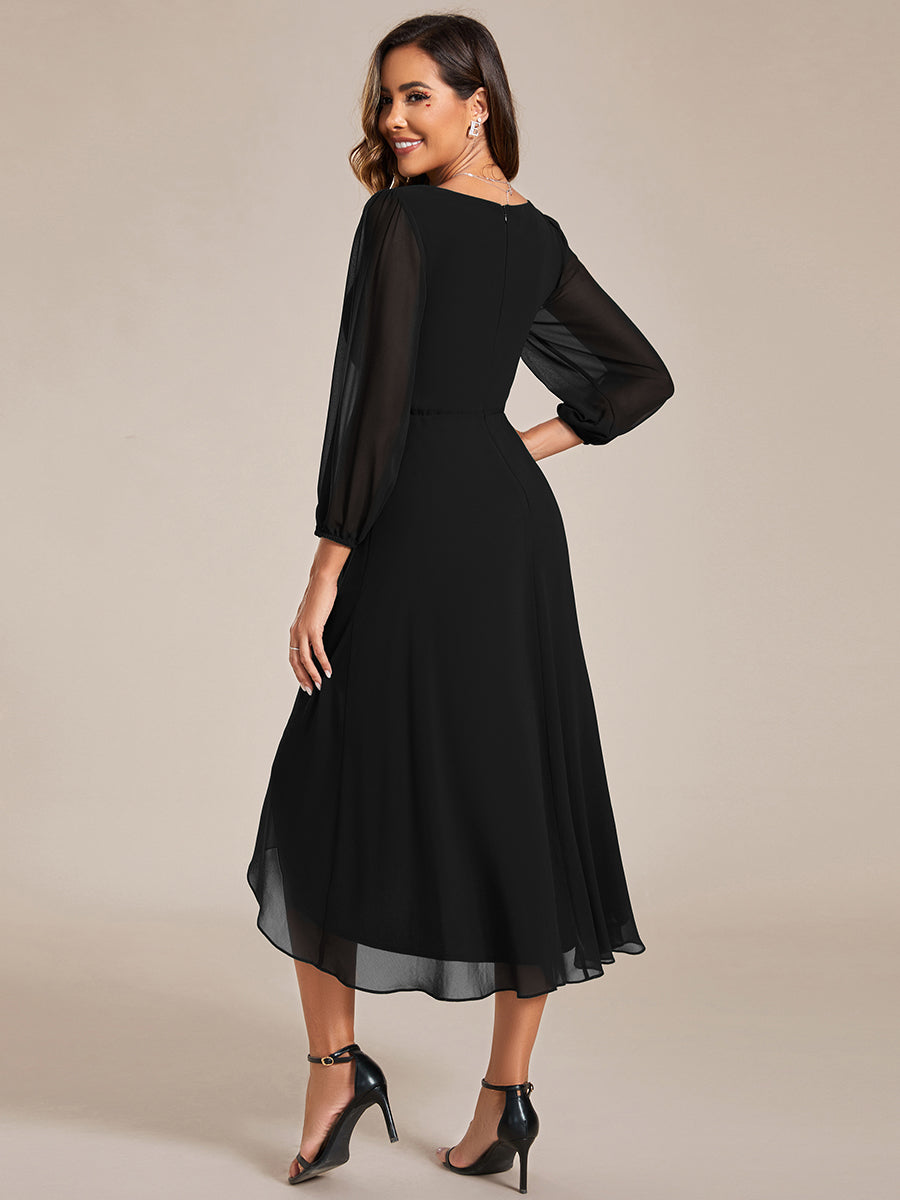 Color=Black | Bulk Order Long Sleeve Asymmetrical Hem Deep V-Neck Non-Stretch Wedding Guest Dresses-Black 12