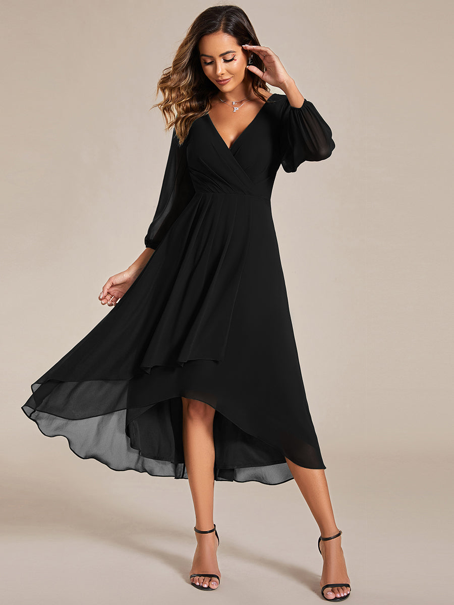 Color=Black | Bulk Order Long Sleeve Asymmetrical Hem Deep V-Neck Non-Stretch Wedding Guest Dresses-Black 14